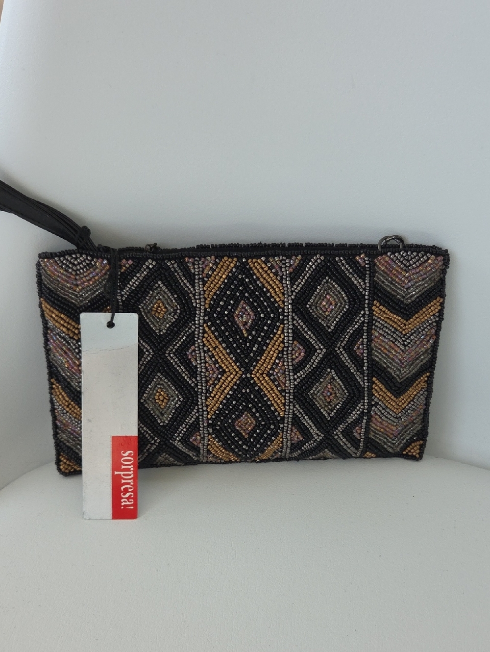 Beaded Wristlet Clutch in Black and Gold New w/ Tag
